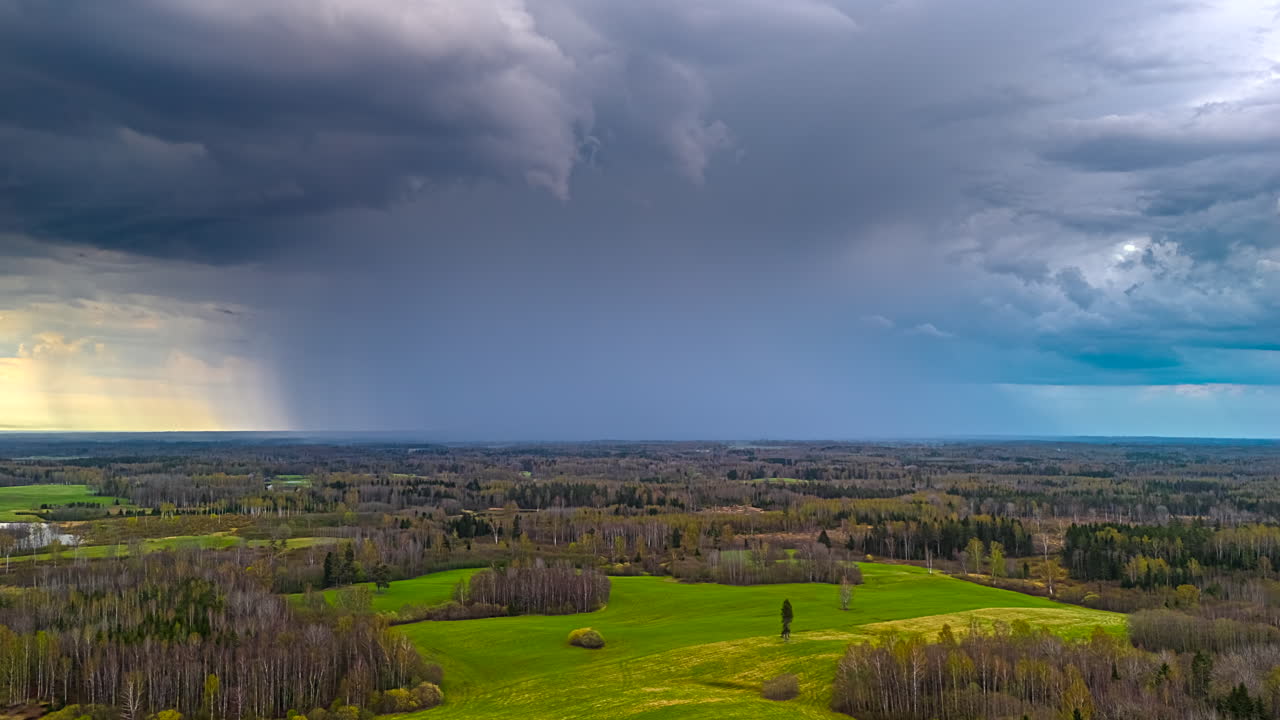 Stormy Sky Over Rural Fields And Forests - Timelapse