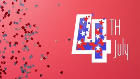 animation of 4th of july text over stars of united states of america on red background