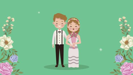 wedding couple lovers characters with floral corners