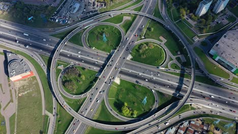 aerial view of a freeway intersection traffic trails in moscow.