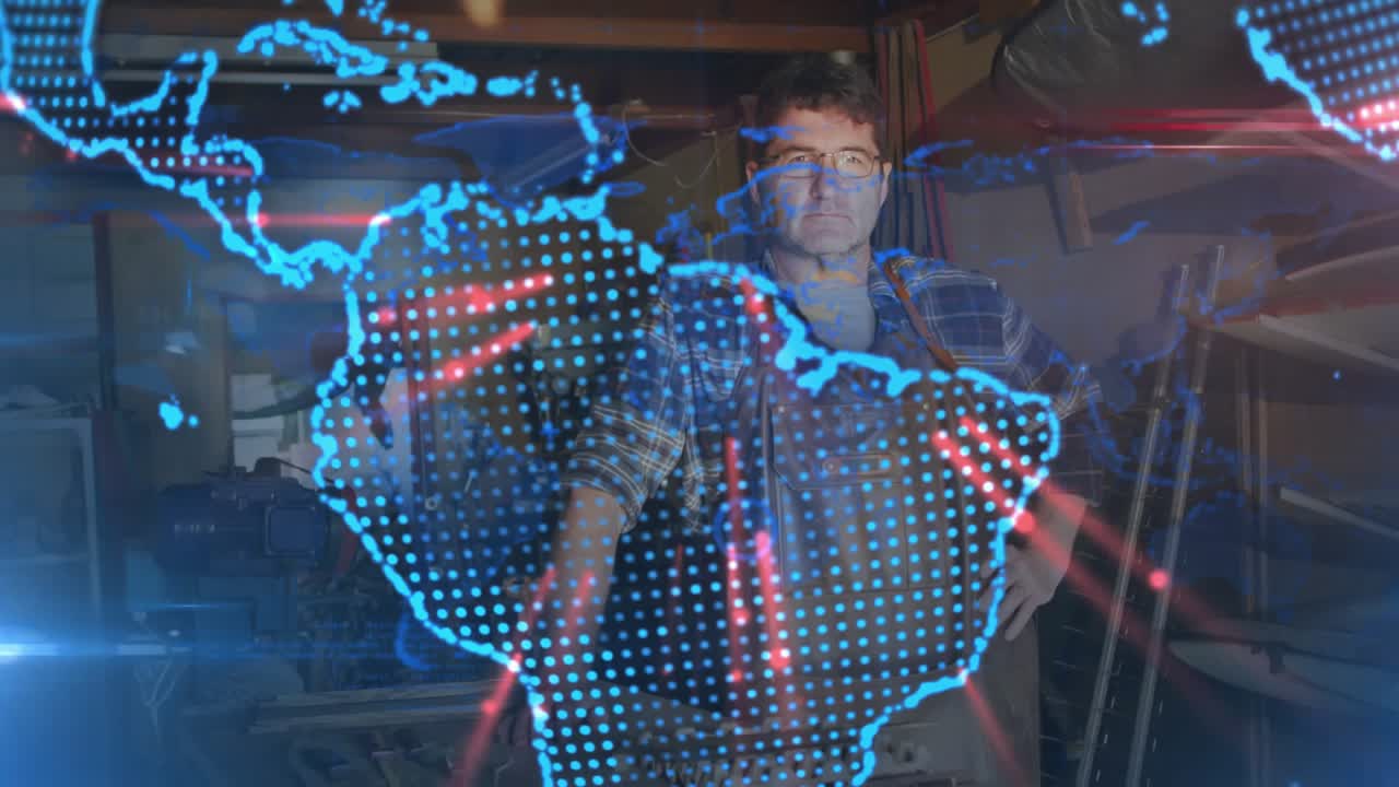 Man standing at workbench, holographic globe sweeping and revealing craftsman and workshop tools