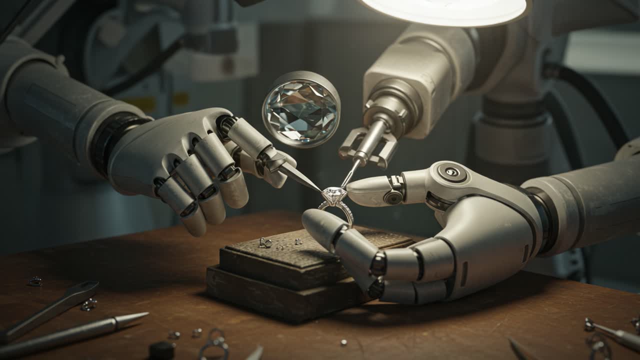 Intricate Craftsmanship: Advanced Robotic Hands Skillfully Engaging in Gemstone Manipulation for Precision Set Jewelry Creation