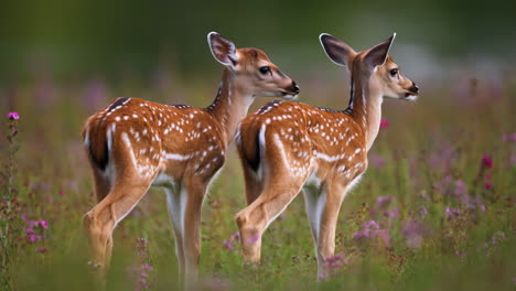 two spotted fawns in a grassy meadow