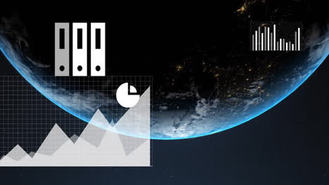 Animación-De-íconos-De-Medios-Y-Gráficos-Que-Procesan-Datos-Sobre-El-Globo-En-El-Espacio