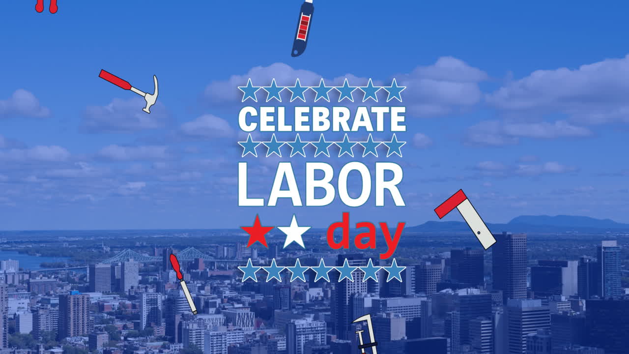 Animazione con testo "Celebra la Festa del Lavoro" su paesaggio urbano