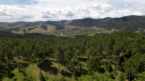 Kiefernwald-Und-Hügel-Rund-Um-Das-Alte-Dorf-Voskopoja,-Berge-Und-Wolken-Im-Hintergrund