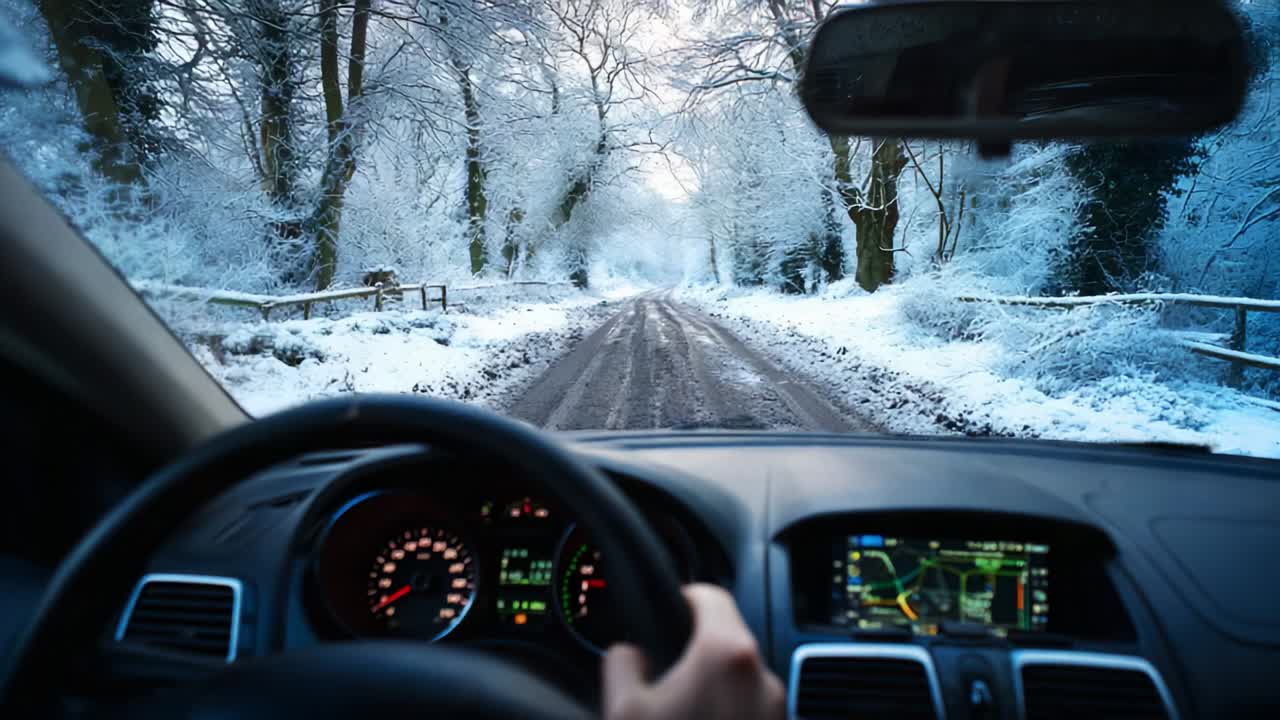 A Captivating Winter Drive Through a Snow-Covered Road, Framed by Frosted Trees, Showcasing a Scenic Journey and Navigational Displays from Inside the Vehicle, Perfect for Winter Adventures