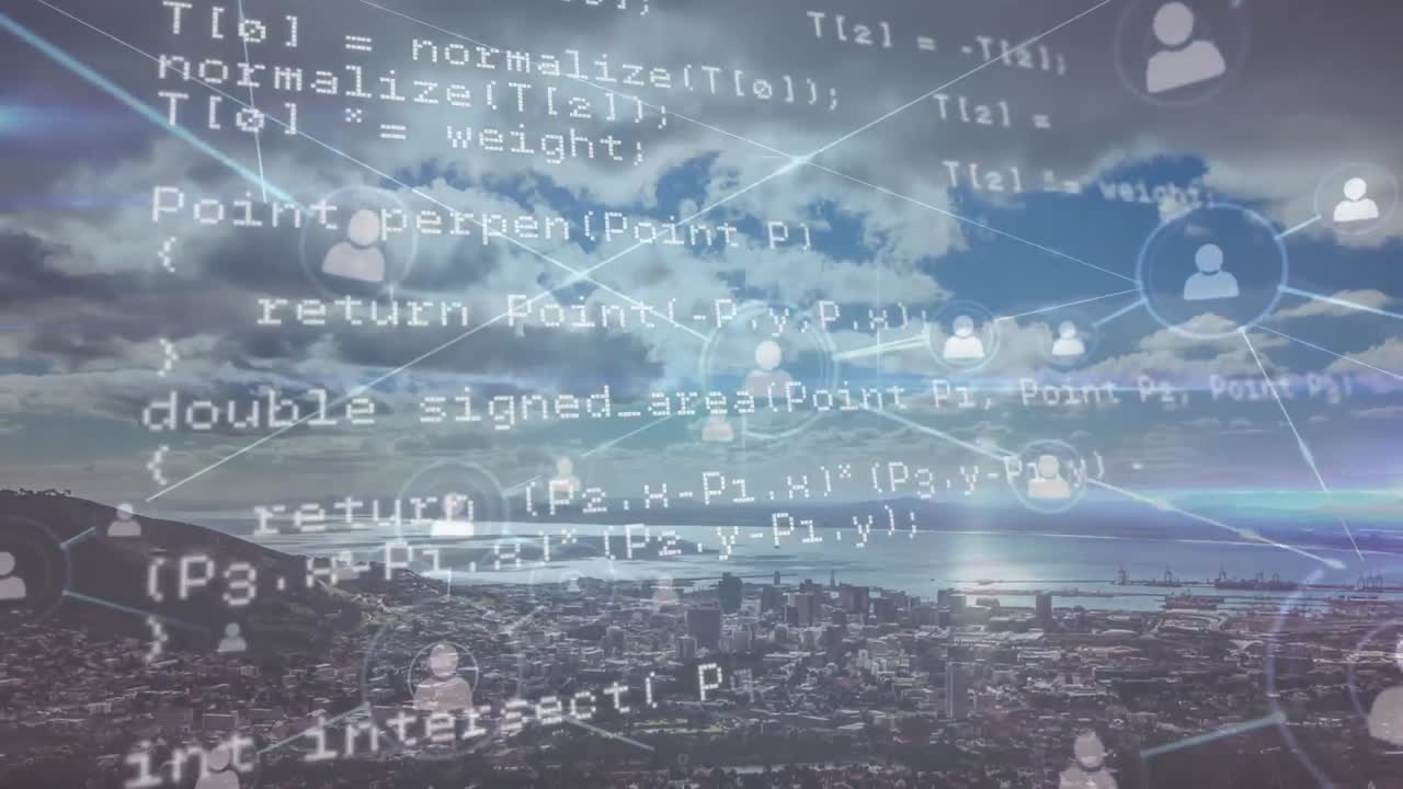 도시 풍경에 대한 연결 네트워크와 데이터 처리의 애니메이션