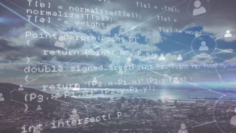 Animation of network of connections and data processing over cityscape