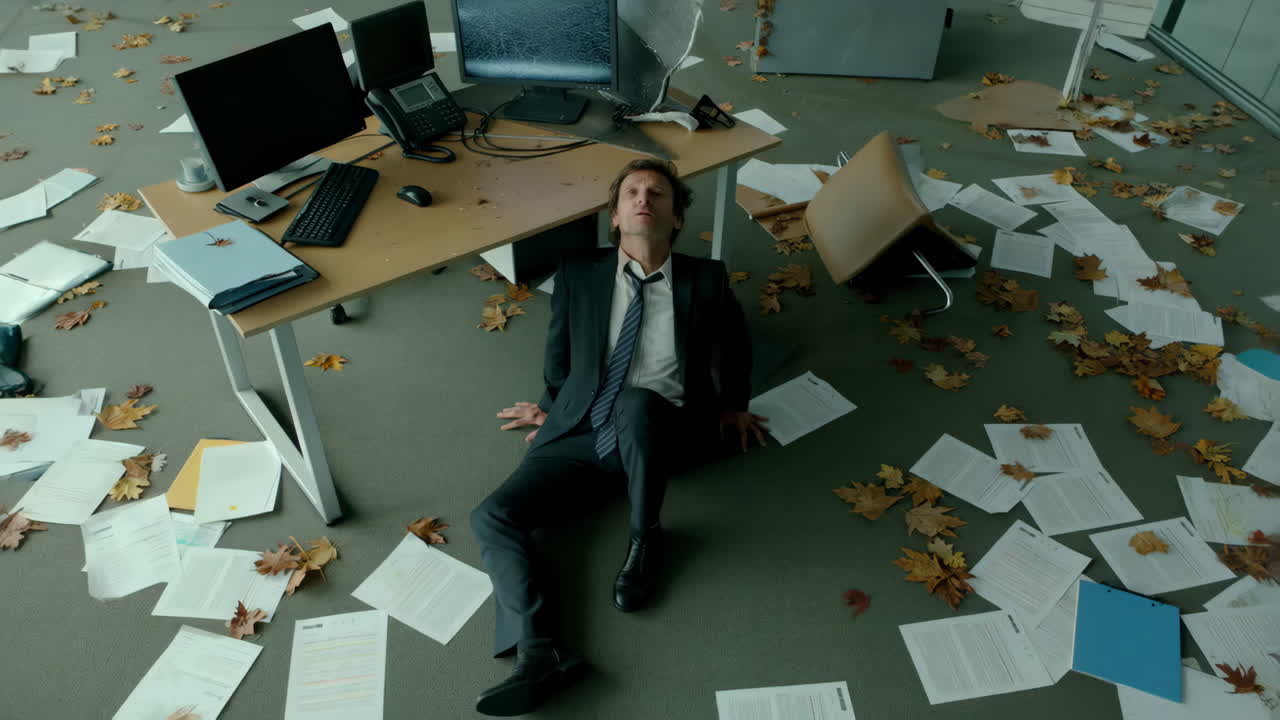 Man lying amidst chaos in a leaf-strewn office