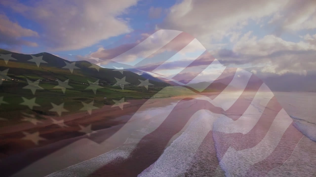 animación de la bandera de los estados unidos ondeando sobre el paisaje de la playa