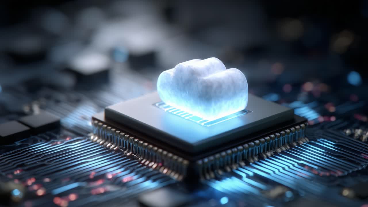 A futuristic representation of cloud computing technology depicted on a microprocessor, symbolizing the integration of digital resources and advanced computation