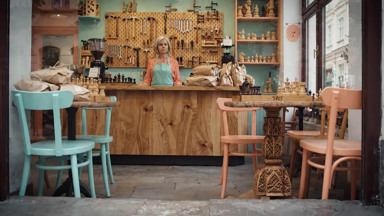 Incantevole Bottega Artigianale che Espone Scacchiere in Legno Finemente Lavorate con un'Accogliente Commessa al Bancone, Circondata da Accessori da Gioco Fatti a Mano