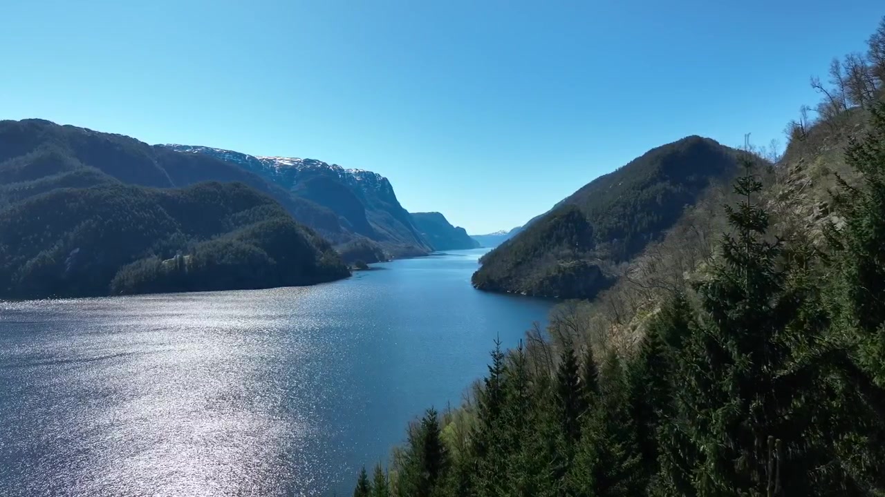 Urørt norsk fjordlandskap med skog og blå himmel i solfylt vårvær, Veafjorden