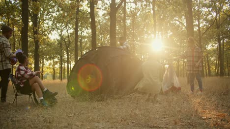 A-happy-company-of-6-hiking-participants-in-hiking-clothes-lay-out-their-things-and-set-up-a-large-black-tent-for-an-overnight-stay-in-the-forest-during-the-summer-during-the-evening