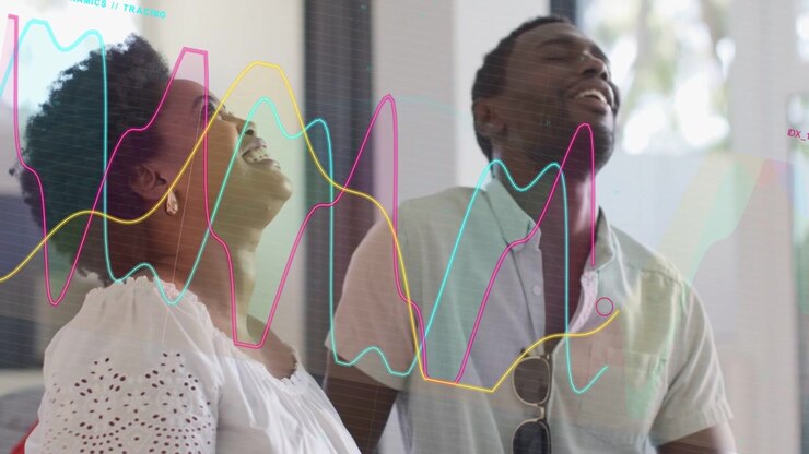 Woman reading phone man following smiling animated finance graphs rising over them showing results