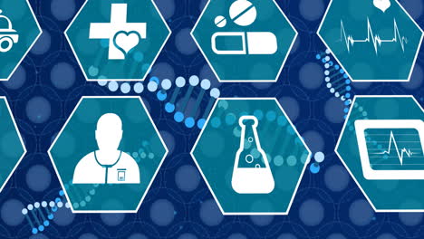 Animation-Medizinischer-Symbole,-DNA-Stränge-Und-Digitaler-Datenverarbeitung-Auf-Dunklem-Hintergrund