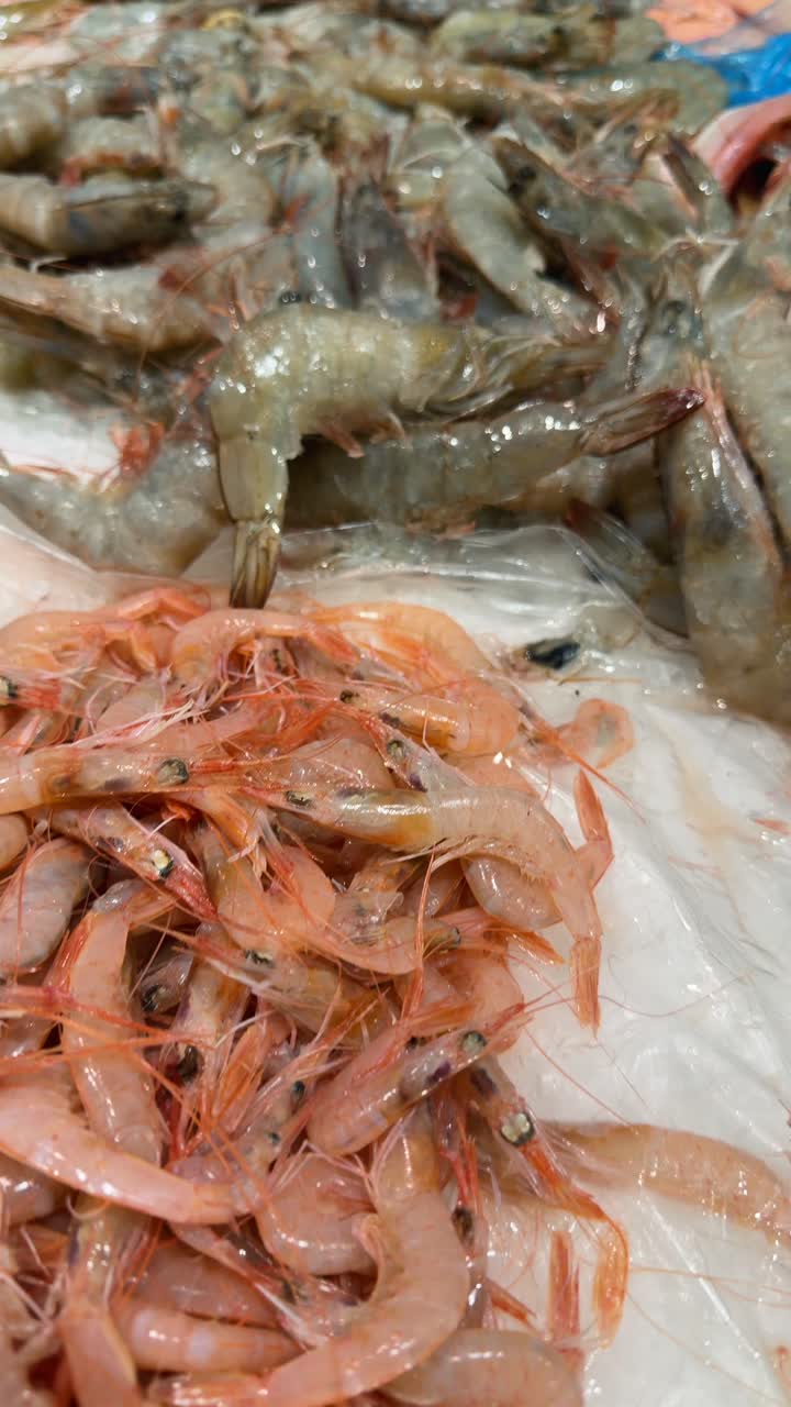 Udang Mentah Segar dengan Es di Pasar Ikan
