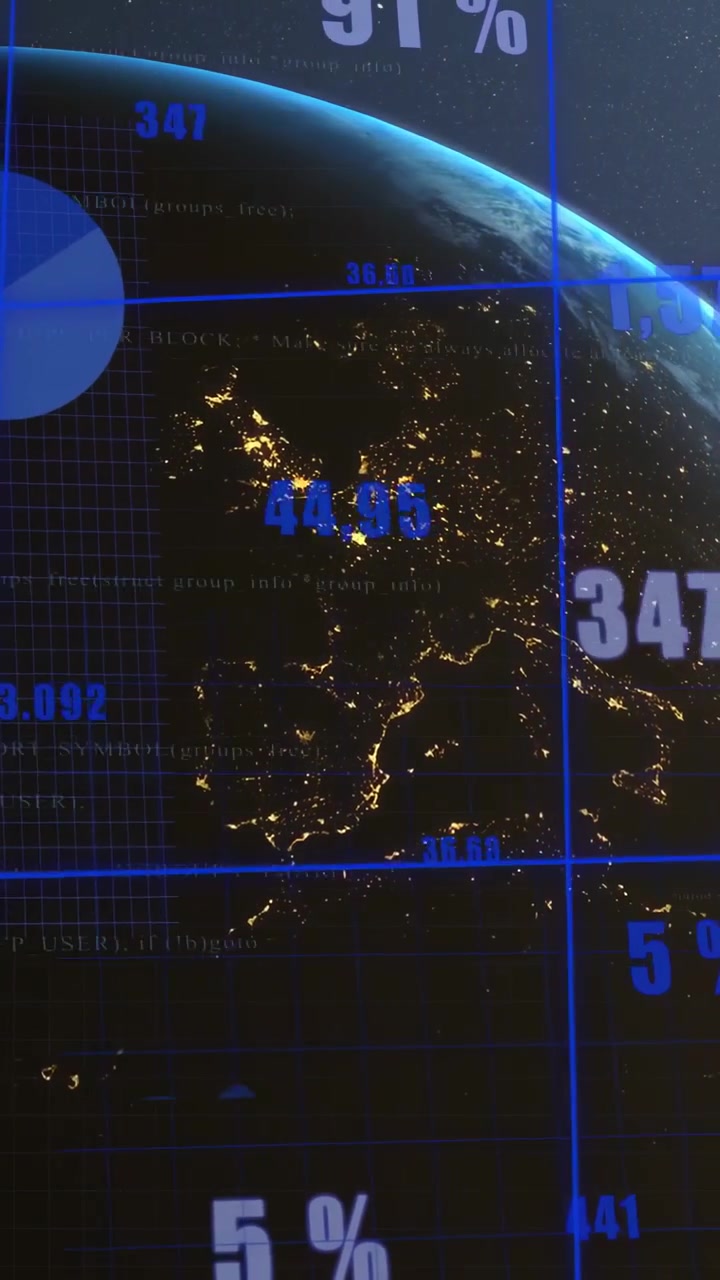 Globo illuminato che ruota mentre la telecamera si sposta verso il basso, rivelando grafici di analisi tecnologica che si aggiornano