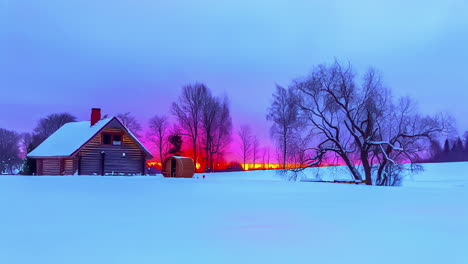 Time-lapse-of-colorful-sunrise-clouds,-moving-over-a-rural-house-on-a-winter-day