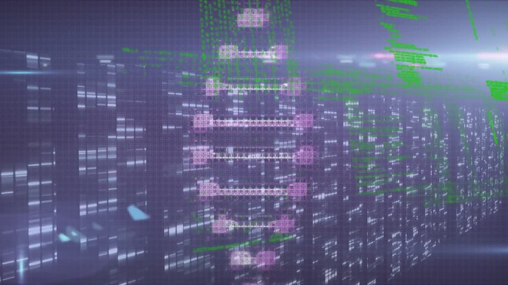 Animation af dna-helix og programmeringssprog over bjælker mod abstrakt baggrund