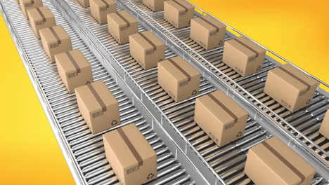 cardboard boxes moving on conveyor belts, logistics and shipping animation