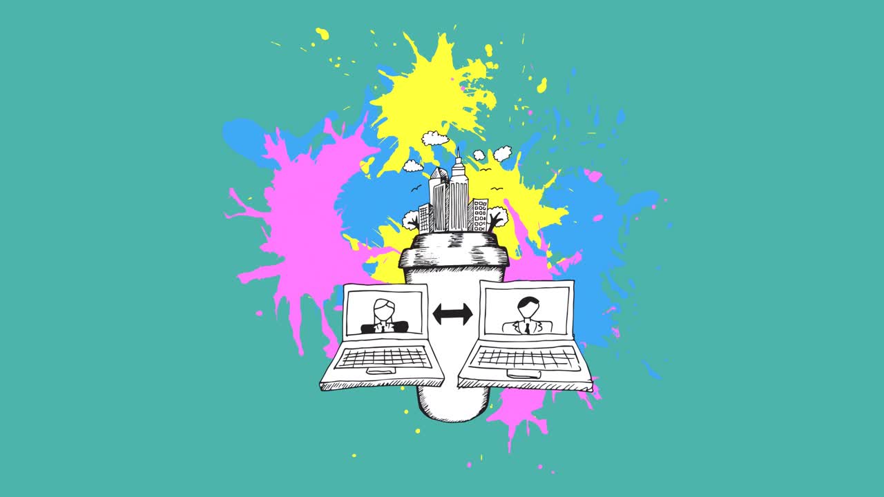 노트북과 도시 모델의 애니메이션이 파란색 배경의 반점 위에 있습니다.