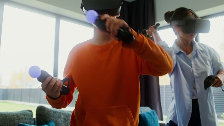 Famiglia che si diverte con i giochi di realtà virtuale a casa