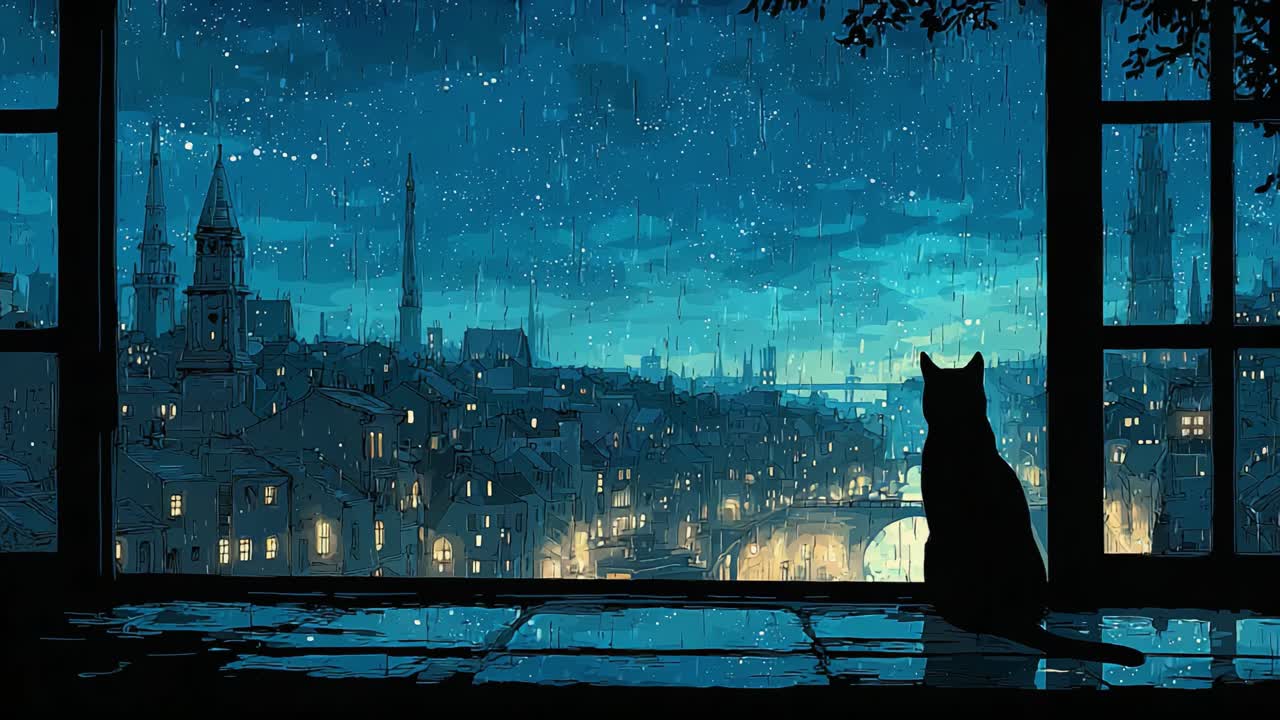 A Serene Night View: A Cat Observing the Glittering Cityscape Through a Rain-Splattered Window under a Starry Sky in a Cozy Urban Scene