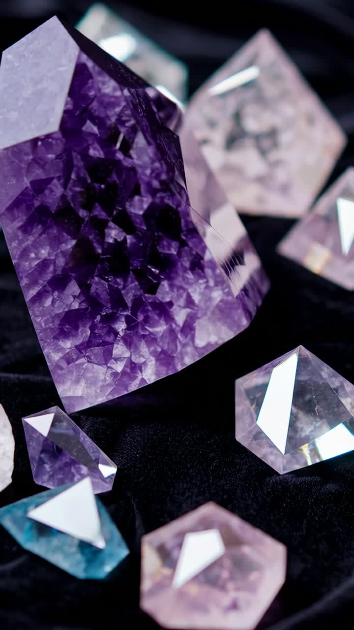 Close-up of Amethyst and Assorted Crystals on a Dark Surface