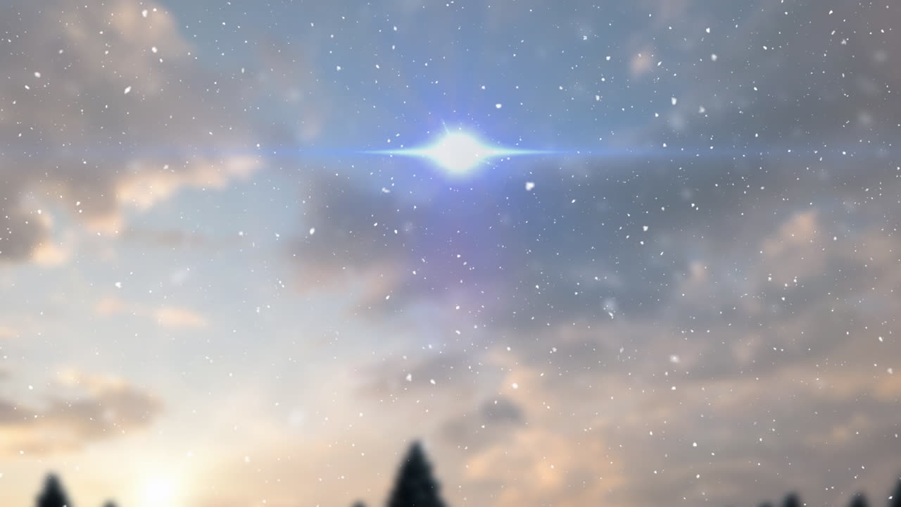 animación de senderos de luz y nieve cayendo sobre el paisaje de invierno en navidad