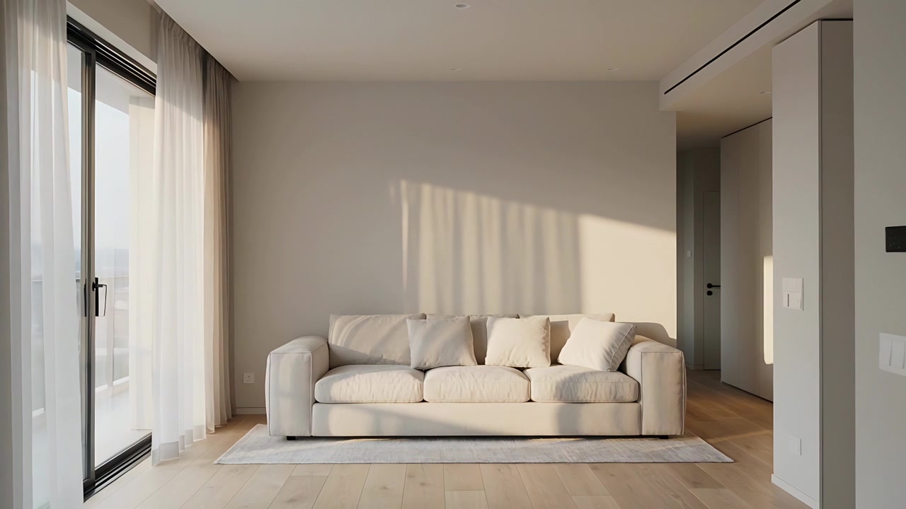 Luce solare che si sposta proiettando ombre su un divano beige a tre posti a casa, con tende velate, mentre il sole si muove.