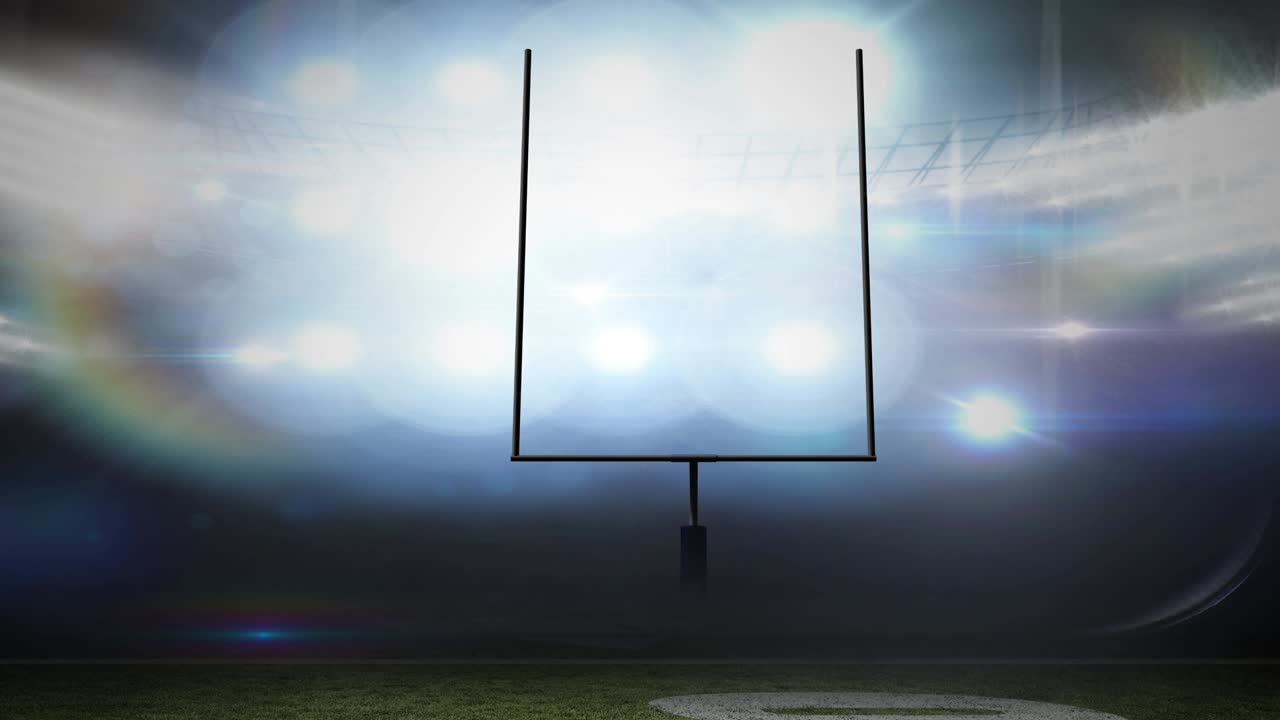 Animation of american football goalposts and cloudy sky at floodlit stadium