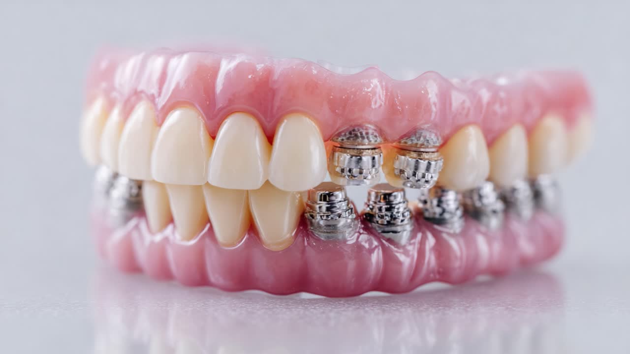 Detailed Close-Up of Orthodontic Model Showing Braces and Natural Teeth Alignment for Understanding Dental Treatment Processes and Aesthetic Improvements