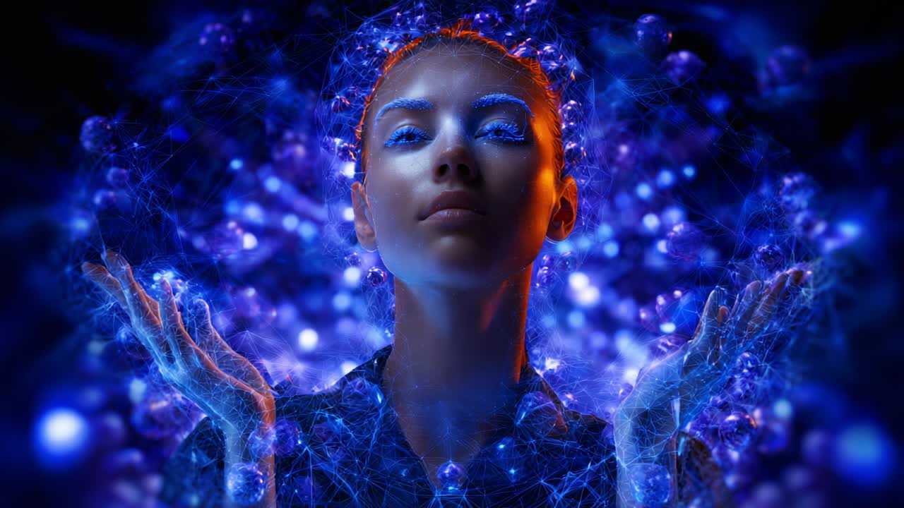 Un ritratto accattivante ed etereo di una donna circondata da un vortice incantevole di luce ed energia blu, che irradia un senso di potere e connessione a un universo digitale, con intricati modelli che ricordano connessioni cosmiche