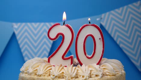 happy birthday. 20th year, cupcake, birthday cake with candles on a blue background.close-up