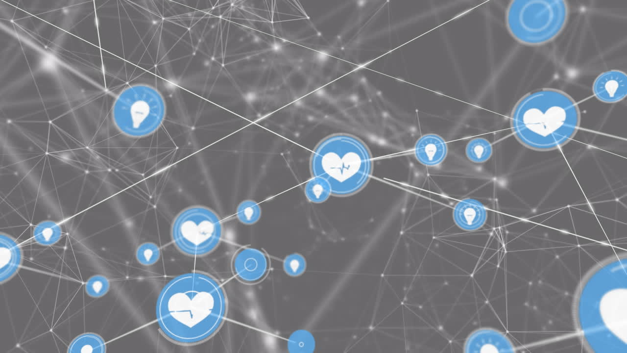 회색 배경에 연결 네트워크와 디지털 아이콘의 애니메이션