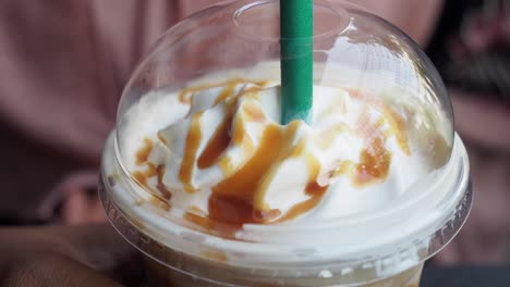 close-up of a caramel frappuccino