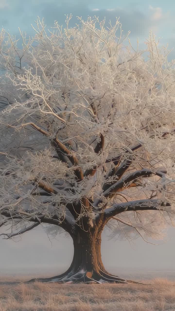 Vertical video: Zooming camera moving toward deciduous tree in frosty field, revealing ice pattern
