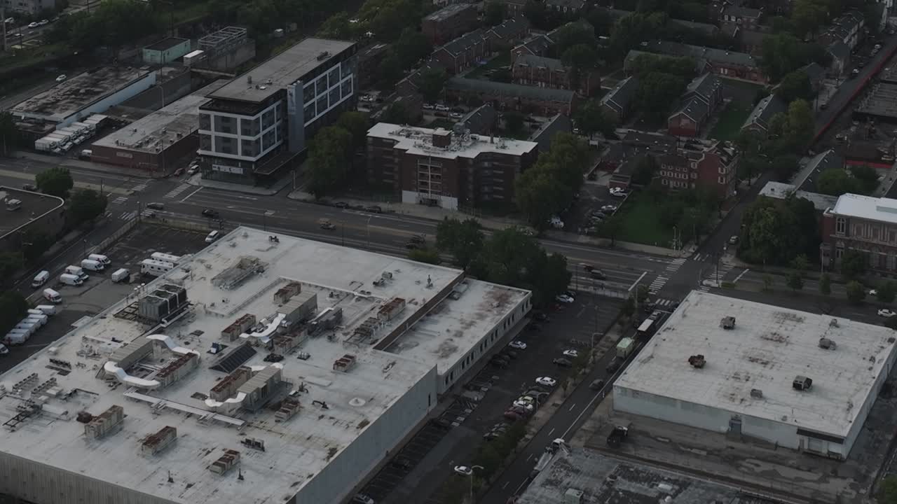 Aerial view of Philadelphia highlights buildings and streets