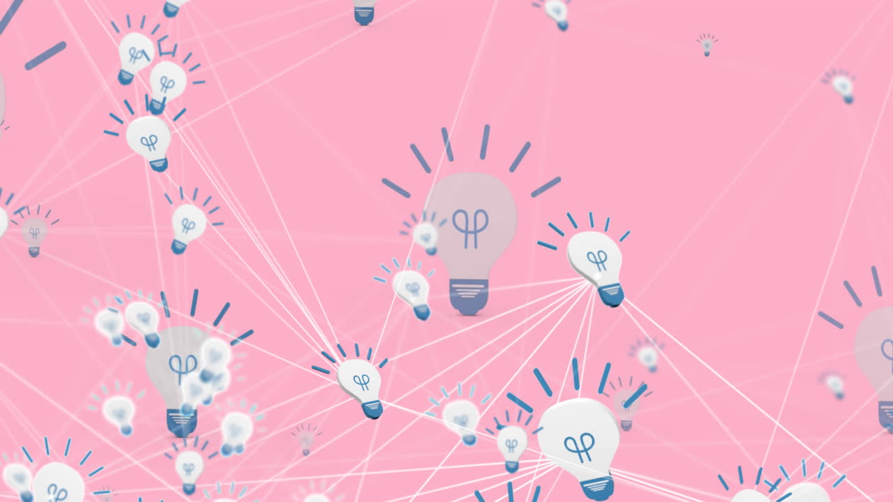 Animation of network of connections with lightbulbs icons on pink background