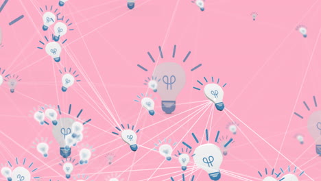 animación de la red de conexiones con iconos de bombillas en fondo rosa