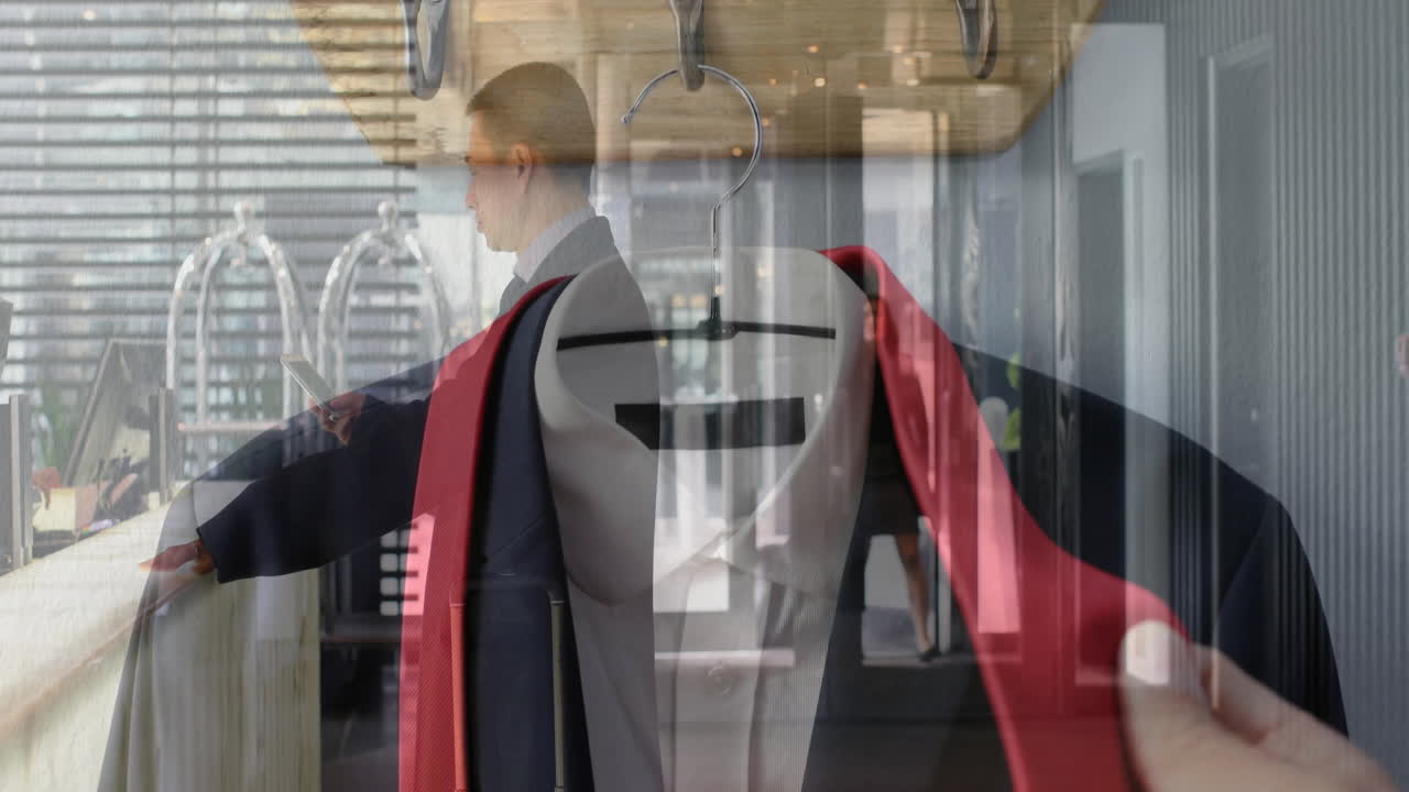 Overlaying animation, businessman in suit with red jacket in office setting