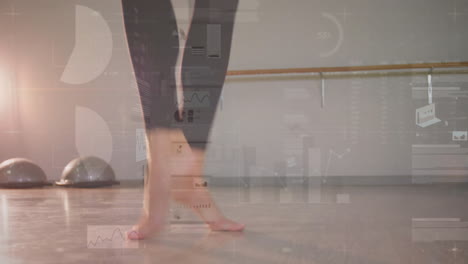 jumping feet in dance studio with data processing animation in background