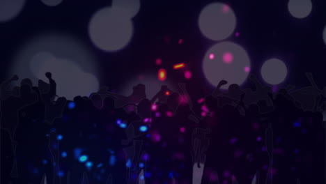 animation of blue and pink spots of light over dancing crowd, with spotlights