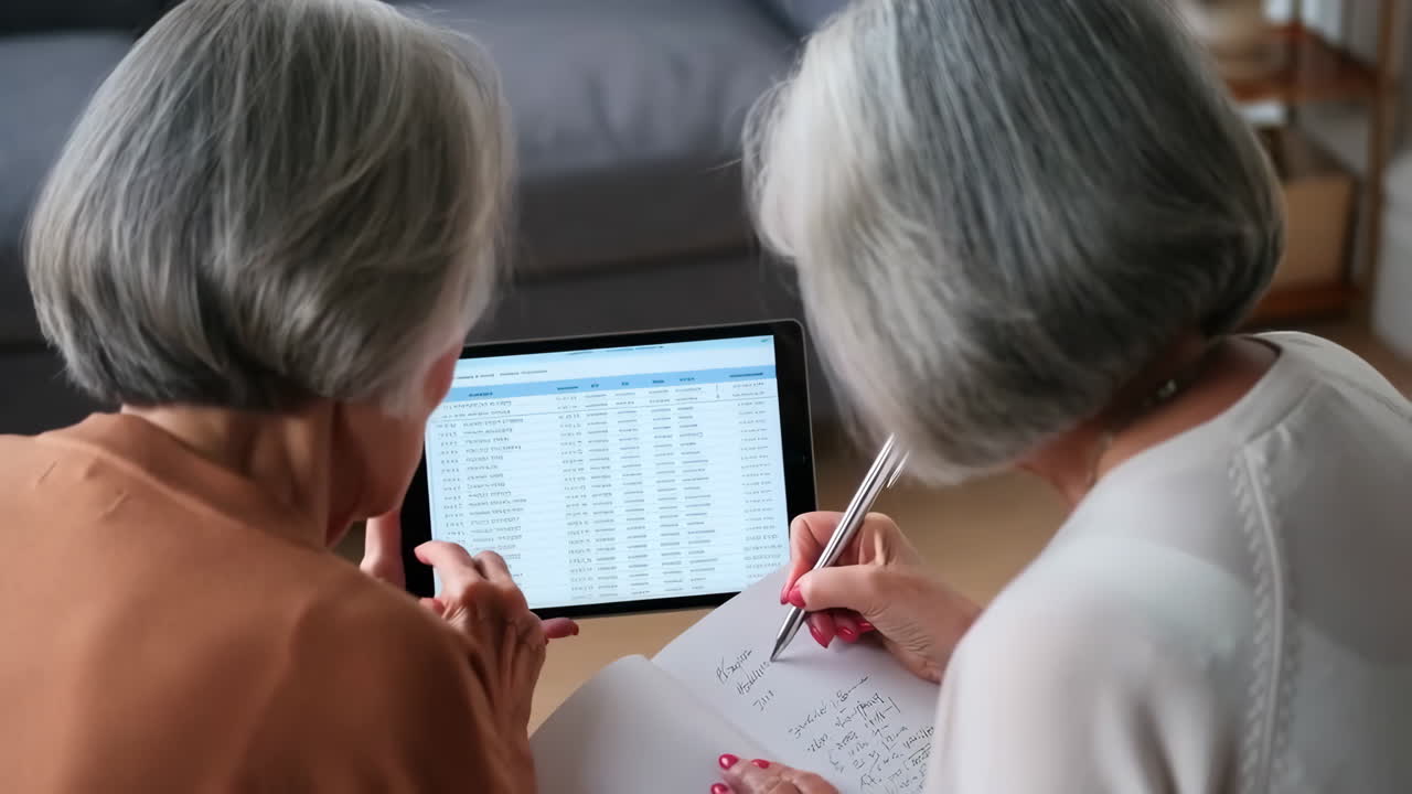 Two elderly women using a tablet and taking notes, likely managing finances or reviewing data