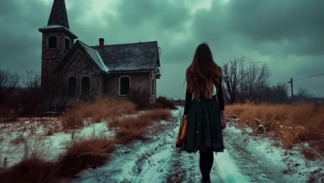 a woman walking down a snowy path in front of a church