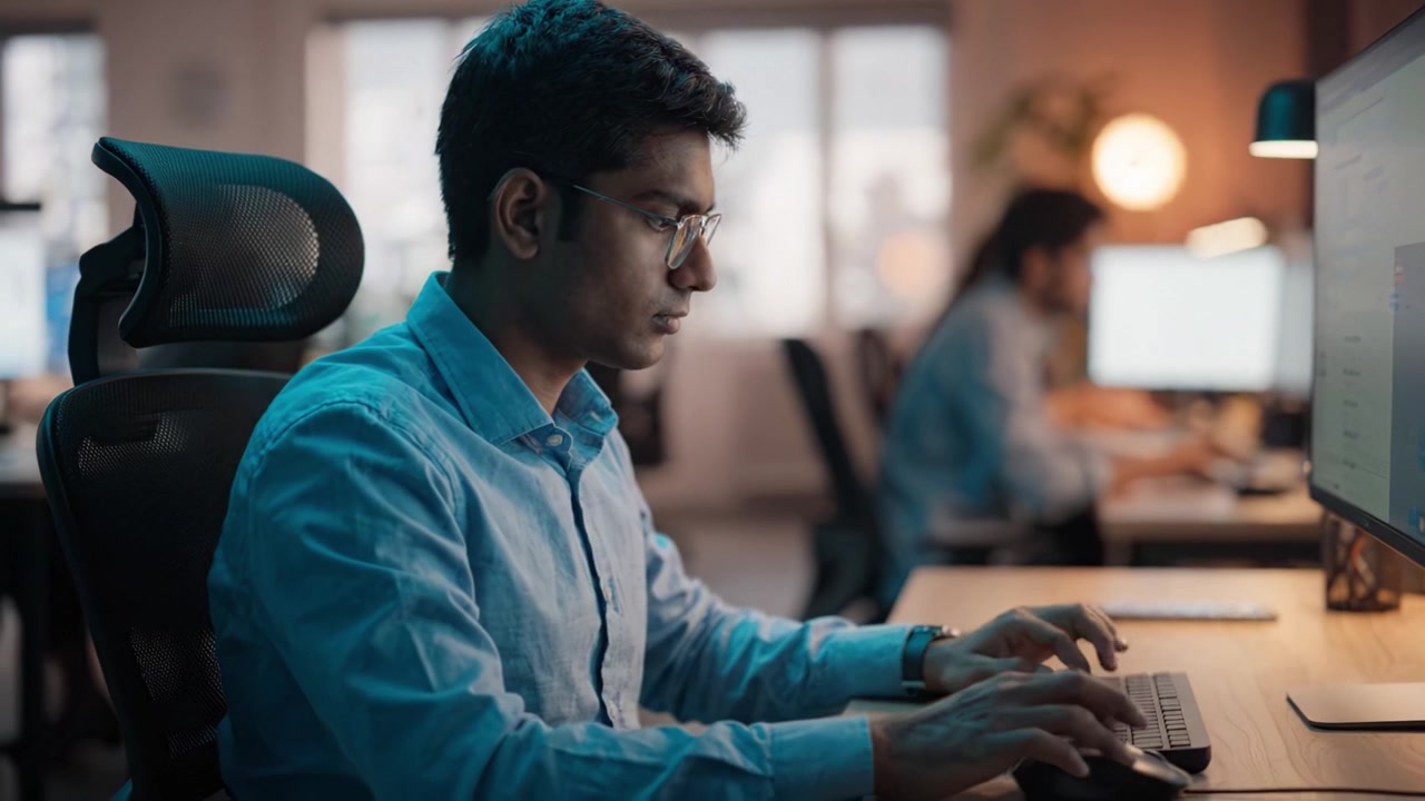 Focused Professional Working at Desk in Modern Office Environment with Computer, Engaged in Task and Utilizing Technology for Productivity and Efficiency