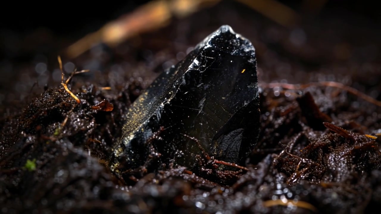 Shifting camera revealing glossy black crystal on damp forest floor showing facets and rootlets