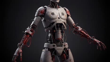 a futuristic humanoid robot stands proudly, showcasing intricate mechanical design and a striking contrast of metallic surface accented with vivid red elements, emphasizing a synthesis of technology and artistry